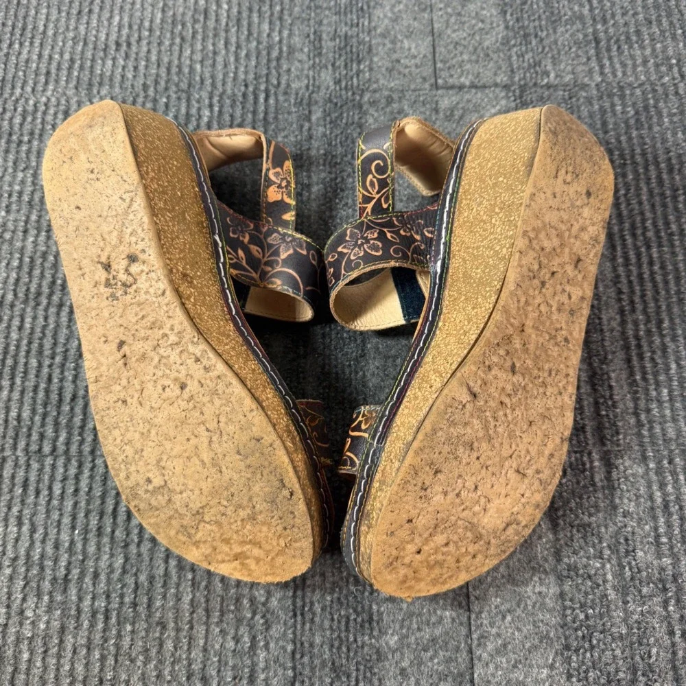 L'Artiste Spring Step Pickford Floral Leather Wedge Sandals Navy Multi Size 40